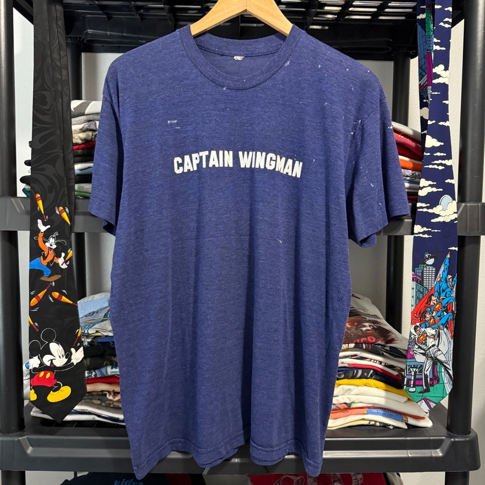 Vintage Blue Captain Morgan Captain Wingman XL Graphic Tee Paint Marks